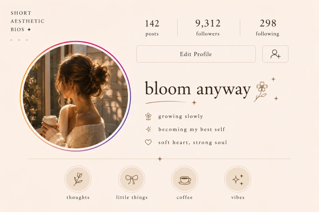 Short aesthetic Instagram bio ideas with soft girl profile inspiration, cozy morning aesthetic, and cute minimalist Instagram layout