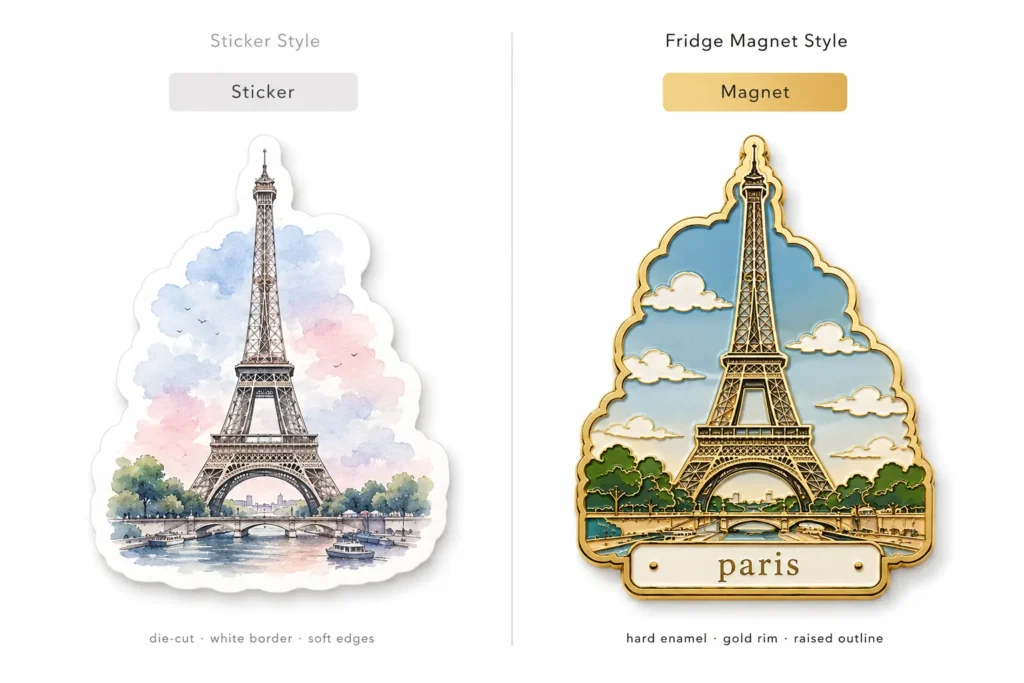 Sticker style vs hard enamel AI fridge magnet style comparison with Eiffel Tower examples