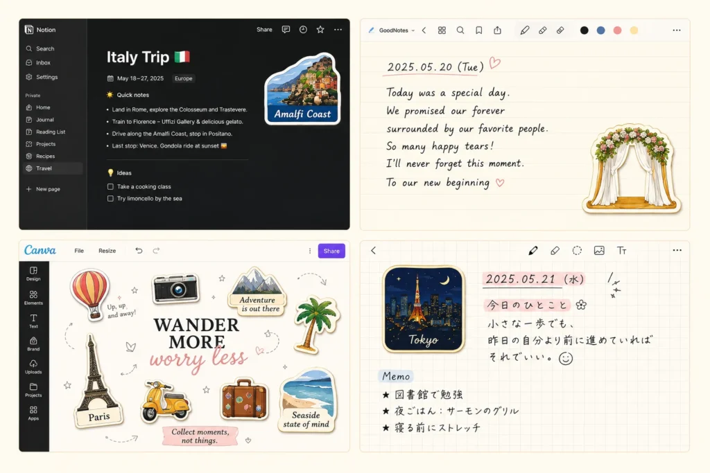 AI fridge magnet PNG stickers used in Notion, GoodNotes, Canva, and digital planner pages