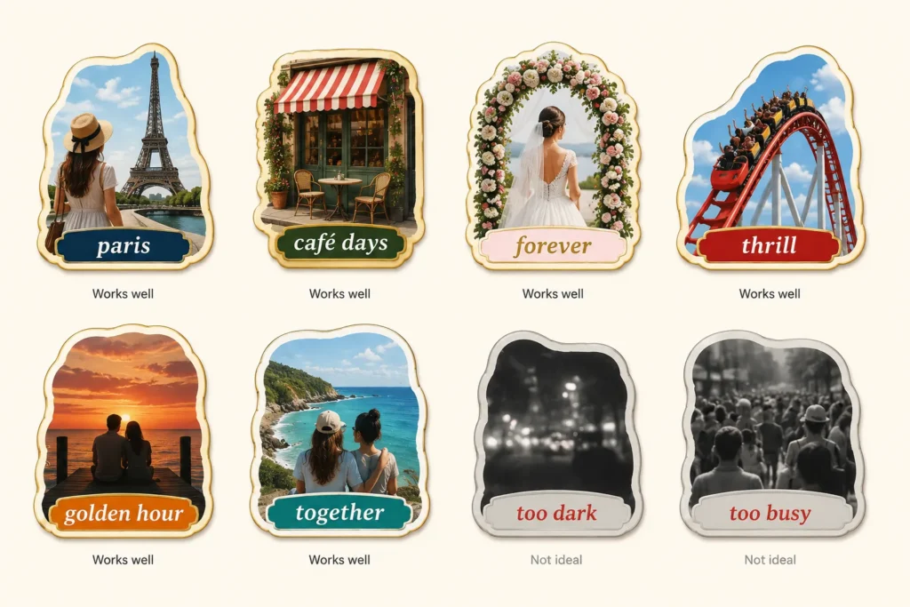 Examples of photos that work well for AI fridge magnets including travel, cafés, weddings, silhouettes, and roller coasters