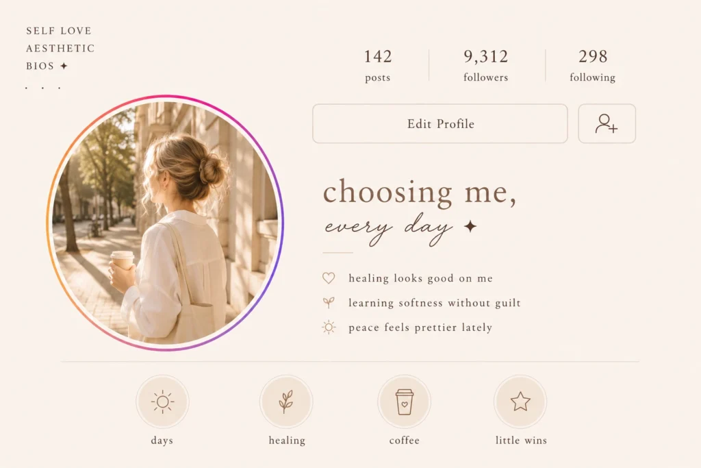 Self love aesthetic Instagram bio inspiration with healing girl aesthetic, soft neutral profile design, confidence quotes, and calm feminine Instagram layout