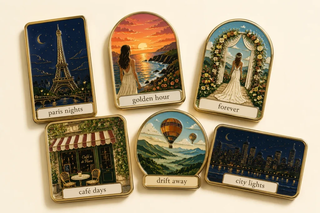Collection of hard enamel AI fridge magnets featuring Paris nights, golden hour sunsets, wedding scenes, café storefronts, hot air balloons, and city lights