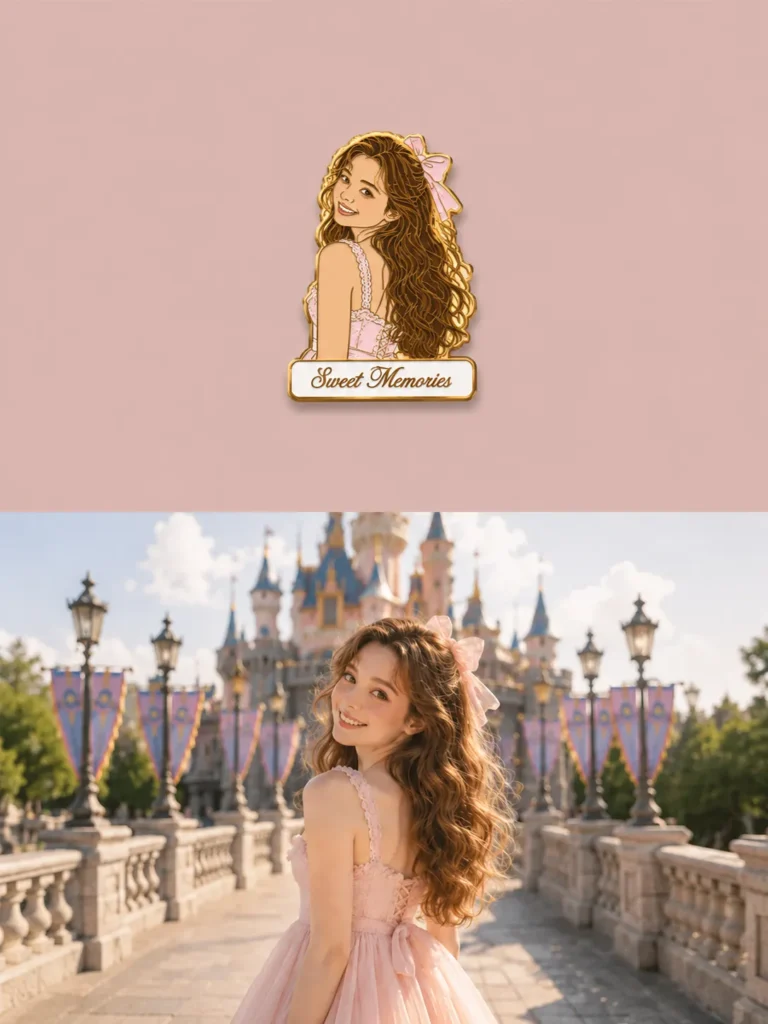 Disney castle portrait transformed into a hard enamel ChatGPT fridge magnet portrait
