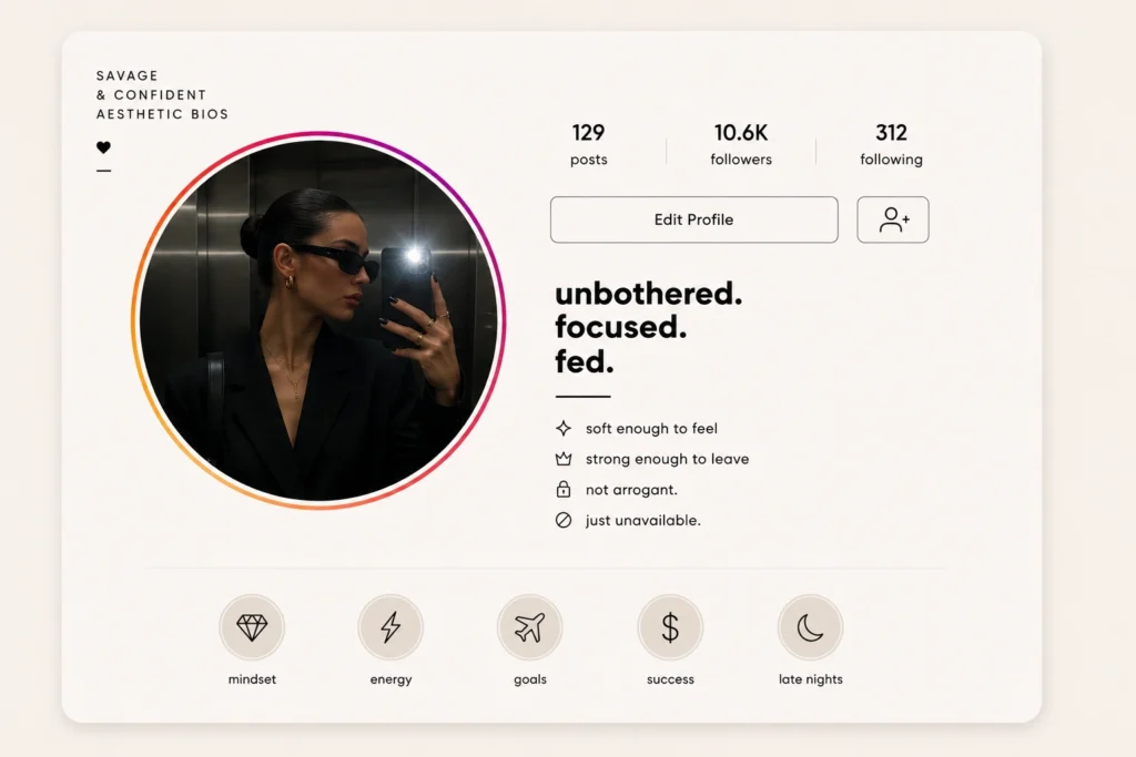 Savage and confident Instagram bio example with clean luxury aesthetic, bold feminine profile styling, confident bio ideas, and cool girl Instagram inspiration