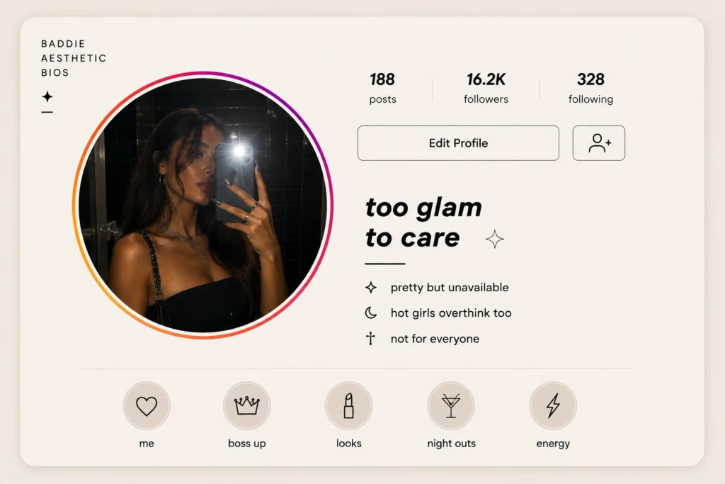 Baddie aesthetic Instagram bio inspiration with glam mirror selfie aesthetic, bold confident profile layout, hot girl bio ideas, and trendy Instagram styling