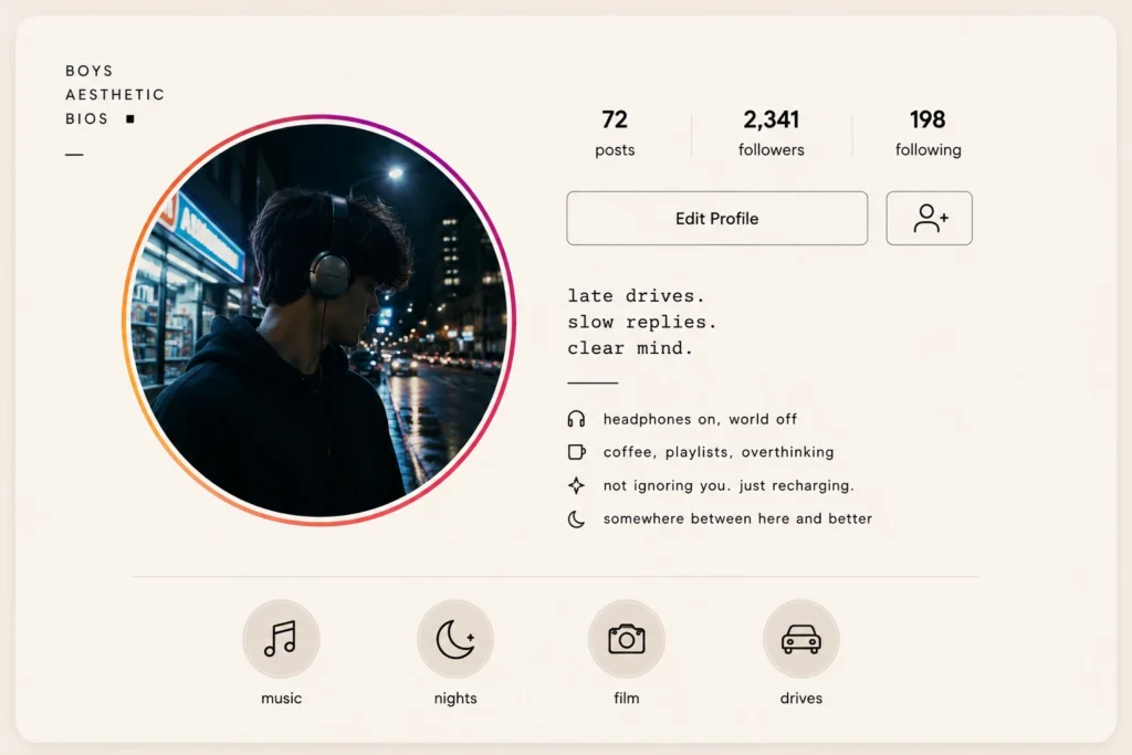 Boys aesthetic Instagram bio example with moody night city aesthetic, minimalist masculine profile layout, and cool bio ideas for Instagram
