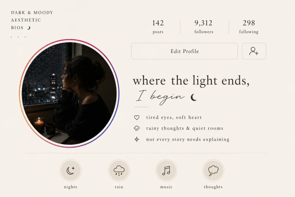 Dark and moody aesthetic Instagram bio example with rainy night vibe, cinematic profile styling, and emotional minimalist bio inspiration