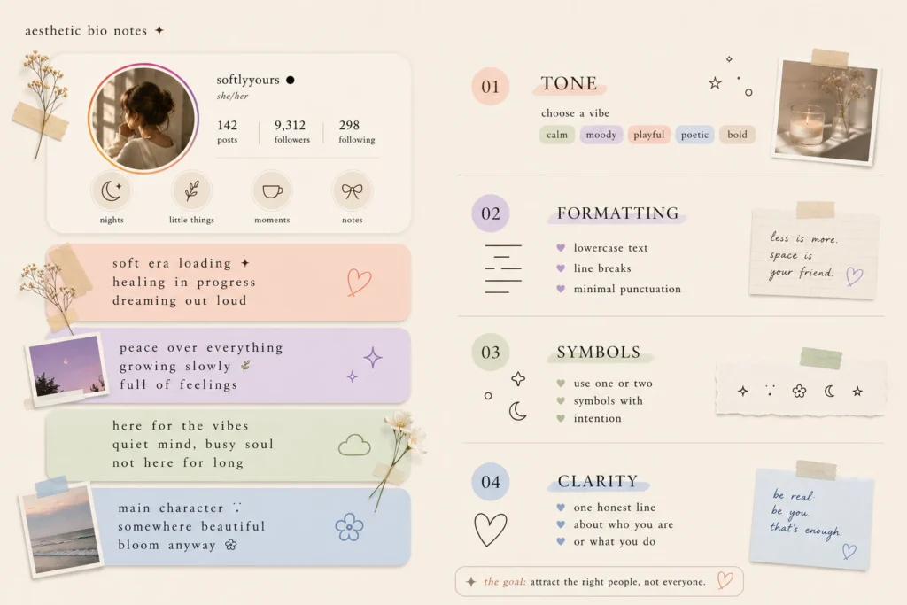 Visual guide showing how to write an aesthetic Instagram bio using tone, formatting, symbols, and soft minimalist profile styling