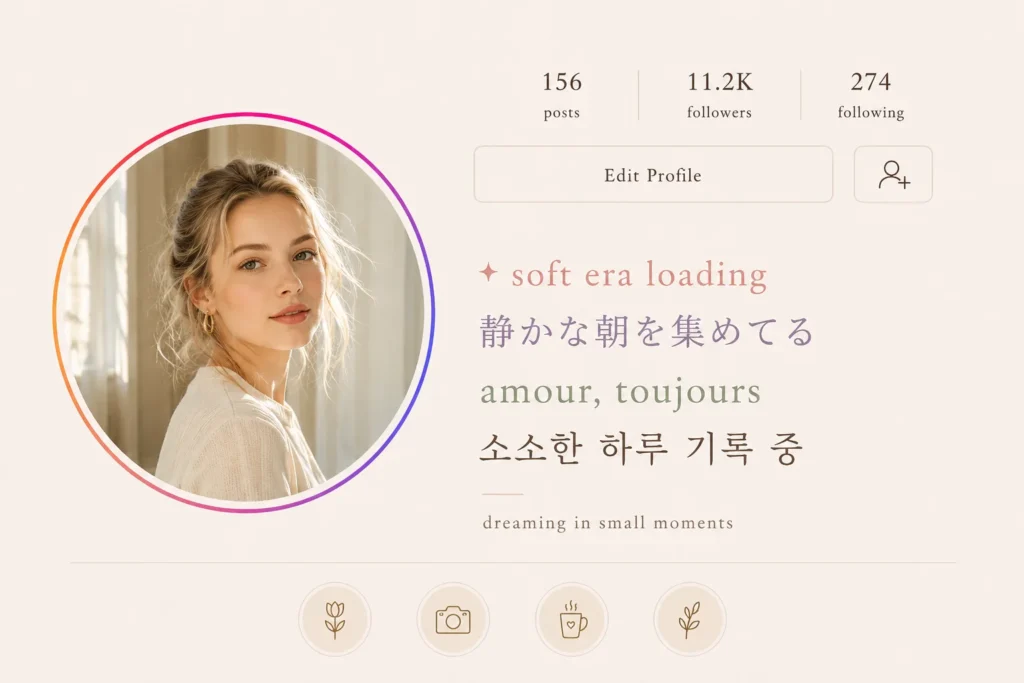 Multilingual aesthetic Instagram bio template with Japanese, Korean, and French phrases, soft beige aesthetic, and dreamy feminine profile mockup
