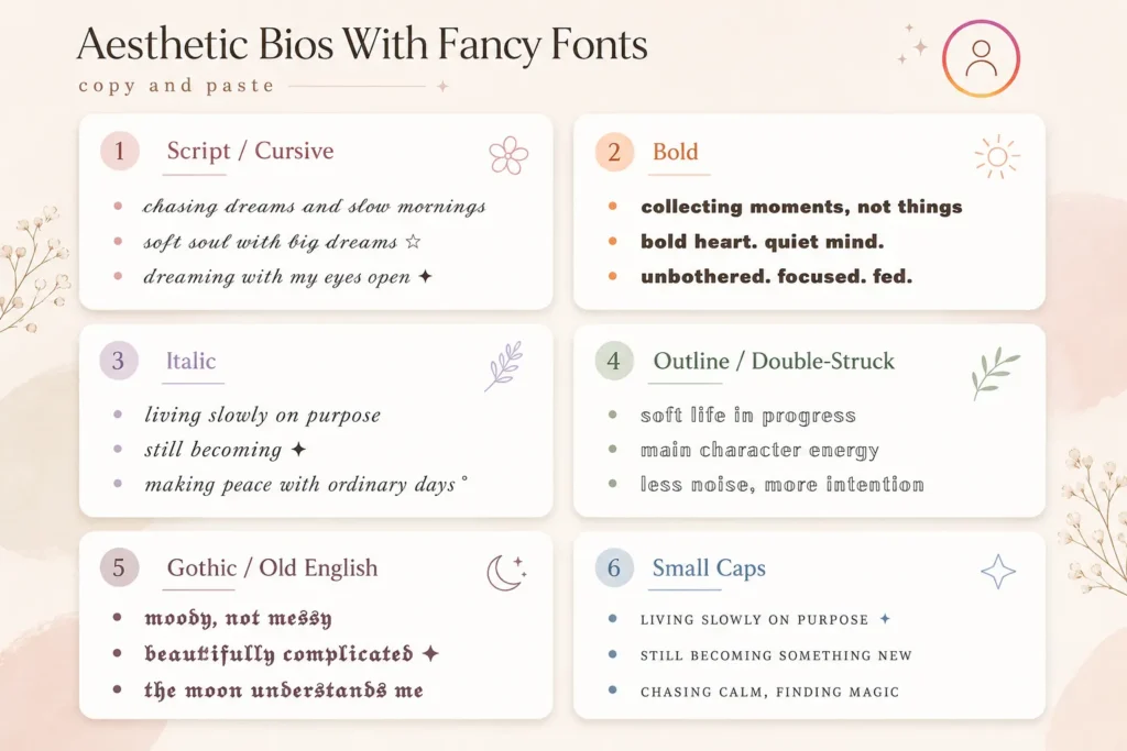 Aesthetic Instagram bios with fancy fonts featuring script, gothic, italic, and small caps bio styles in elegant editorial layout
