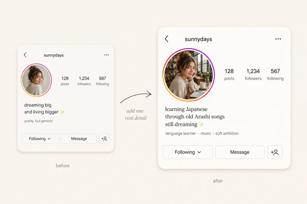 Before and after Instagram bio transformation showing how adding personal identity details makes aesthetic bios feel more authentic and less generic

