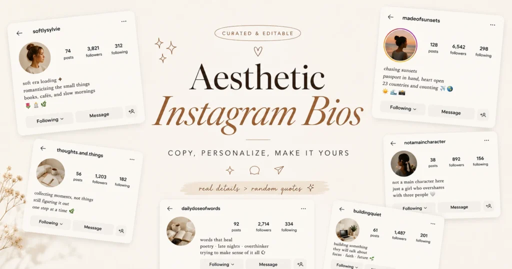 Aesthetic Instagram bio ideas with soft minimalist profile examples, cute aesthetic account layouts, and editable Instagram bio inspiration for girls and creators