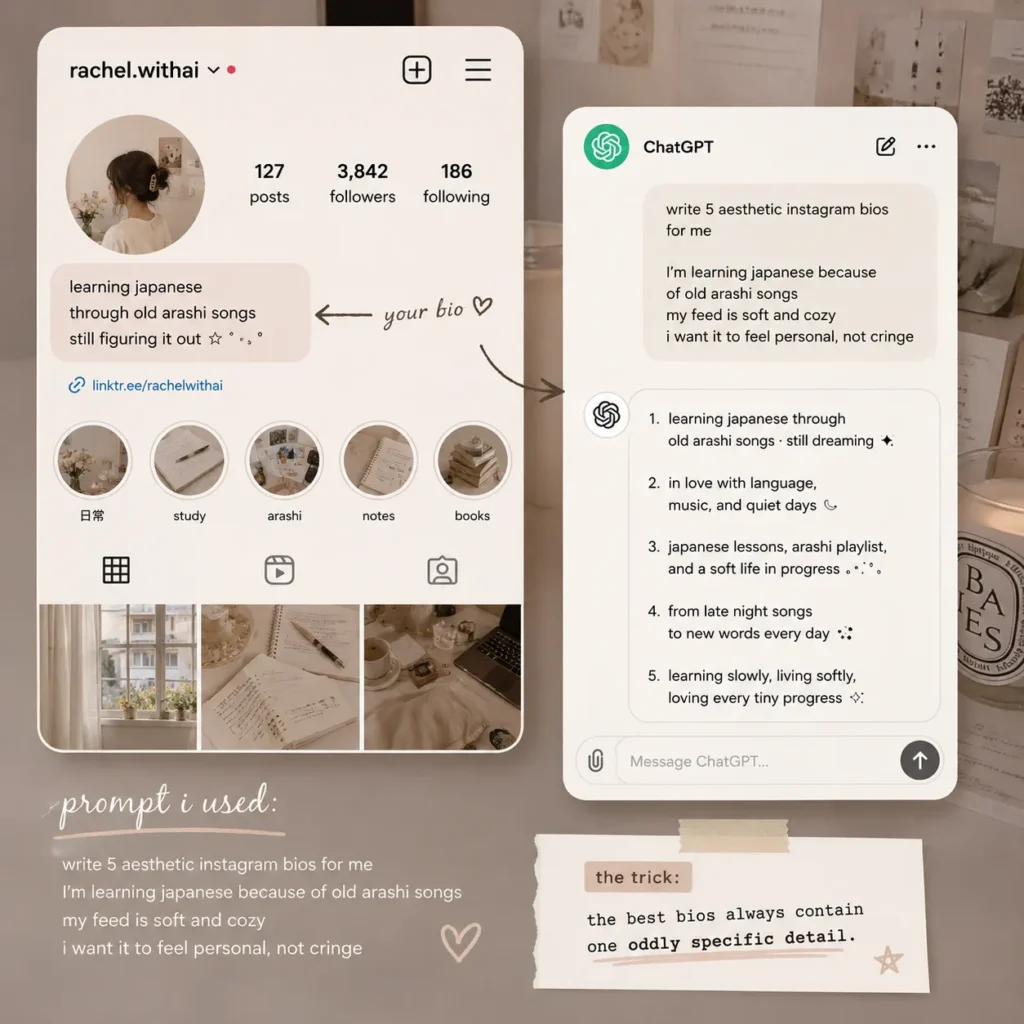 Soft beige Instagram carousel slide showing an aesthetic bio tutorial with cozy profile mockups, ChatGPT prompts, handwritten notes, and warm neutral study vibes.