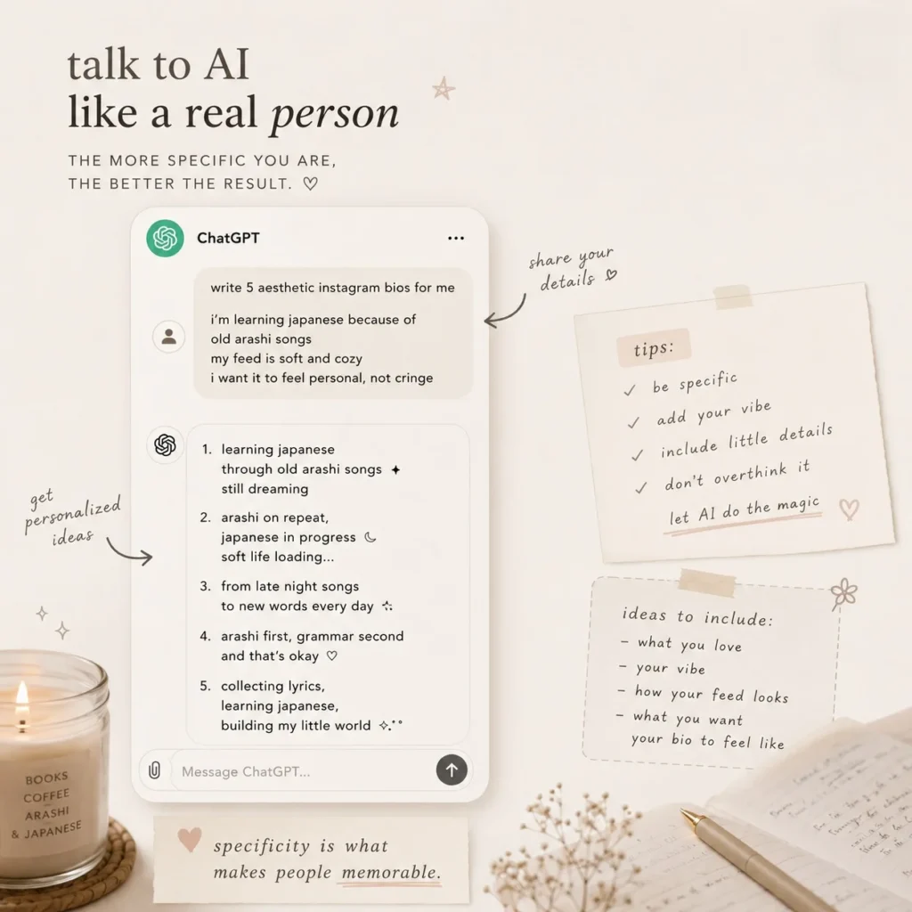 Minimal aesthetic infographic teaching how to write personalized Instagram bios with AI, featuring ChatGPT examples, soft journaling visuals, candles, and pastel stationery details.