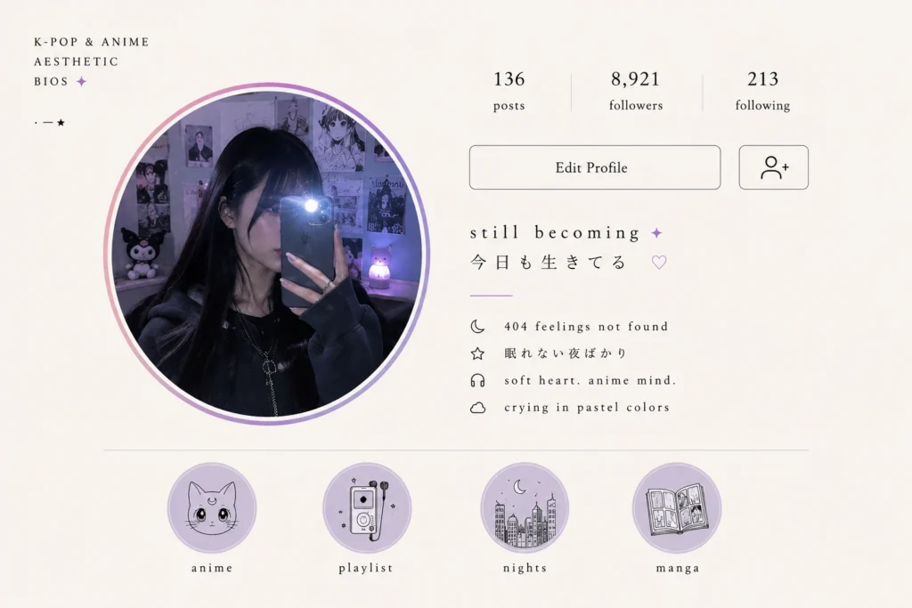 K-pop and anime aesthetic Instagram bio ideas with soft anime room aesthetic, manga-inspired profile styling, kawaii bio inspiration, and pastel cyber vibe