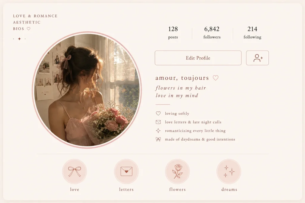 Love and romance aesthetic Instagram bio example with soft feminine profile layout, coquette aesthetic, romantic bio ideas, and dreamy pastel Instagram styling