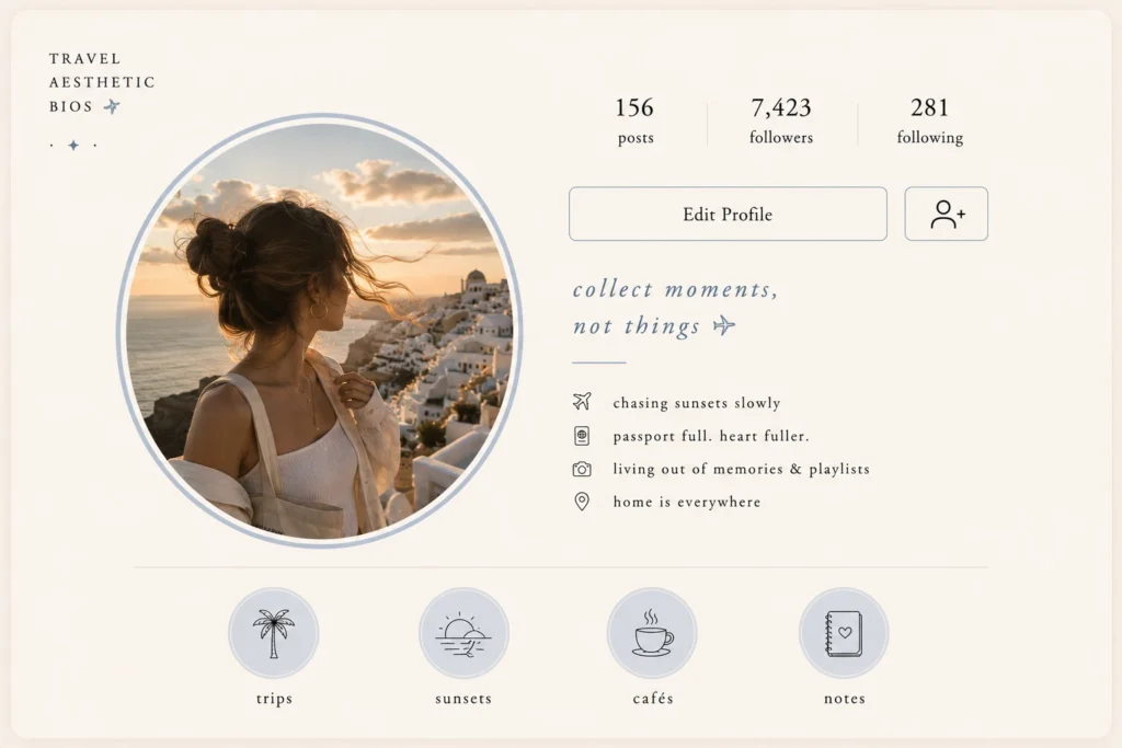 Travel aesthetic Instagram bio inspiration with sunset travel photography, wanderlust profile styling, vacation bio ideas, and dreamy travel Instagram aesthetic