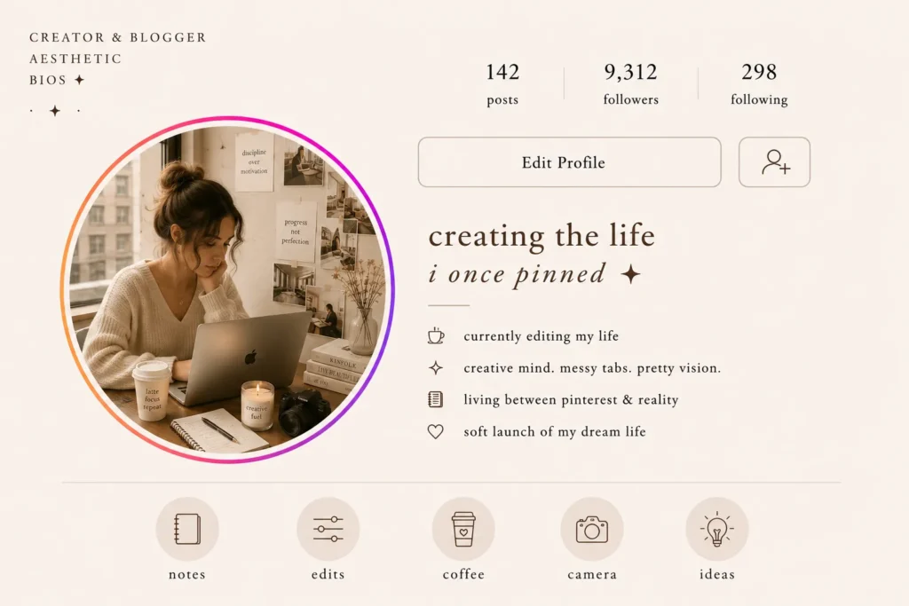 Creator and blogger aesthetic bio inspiration with cozy desk setup, Pinterest creator vibe, soft productivity aesthetic, and warm beige profile design
