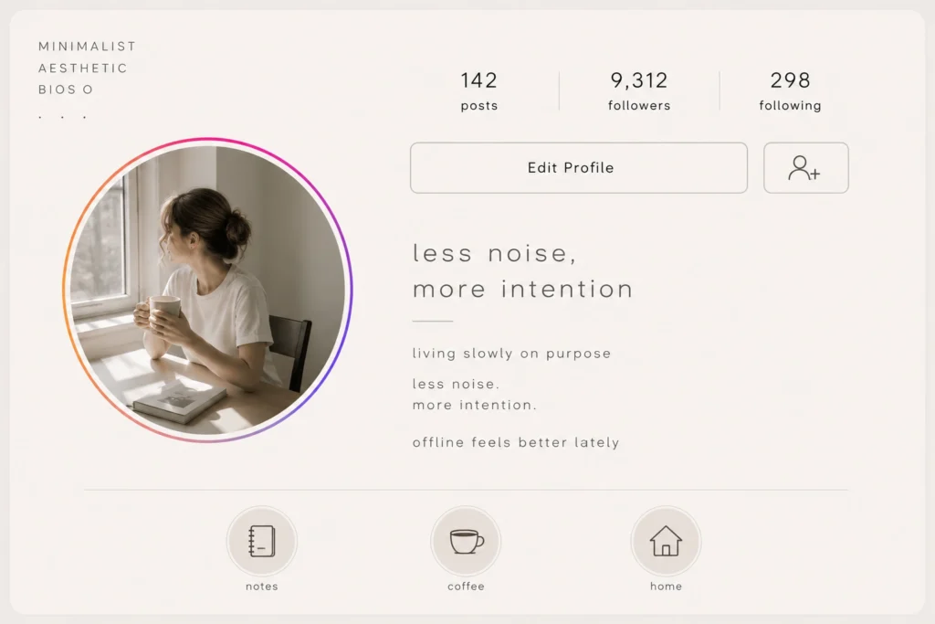 Minimalist aesthetic Instagram bio example with neutral profile layout, soft beige tones, clean typography, and calm lifestyle aesthetic