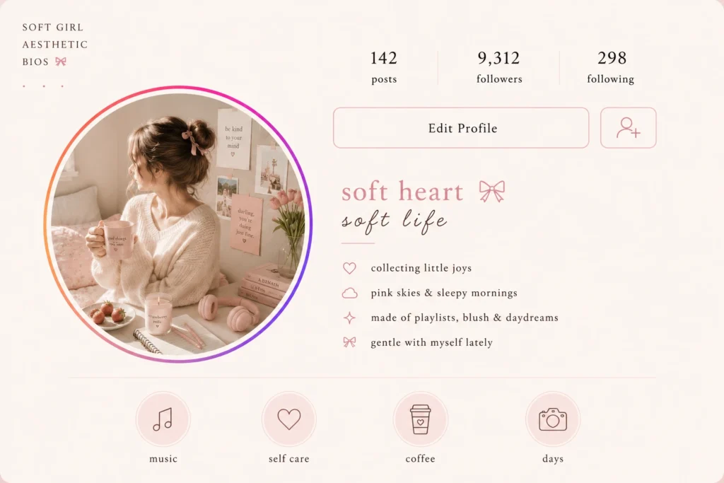 Soft girl aesthetic Instagram bio inspiration with pink cozy room decor, feminine profile layout, pastel aesthetic, and cute bio ideas