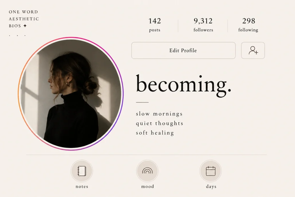One word aesthetic Instagram bio example with dark neutral profile styling, moody soft lighting, and minimal clean Instagram aesthetic