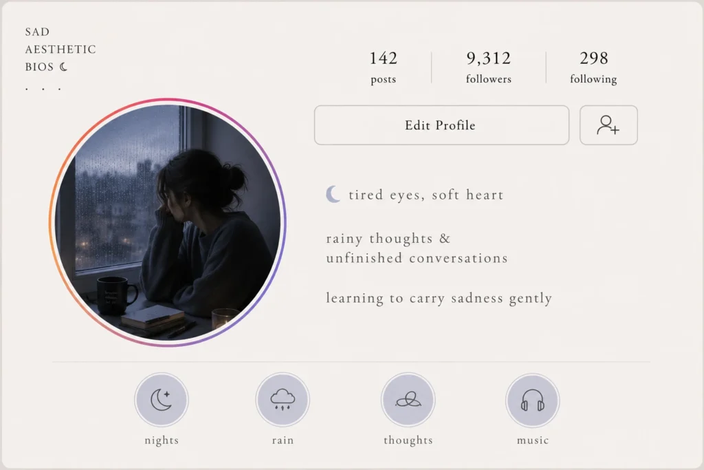 Sad aesthetic Instagram bio inspiration with rainy window mood, soft emotional profile aesthetic, and minimalist healing bio ideas