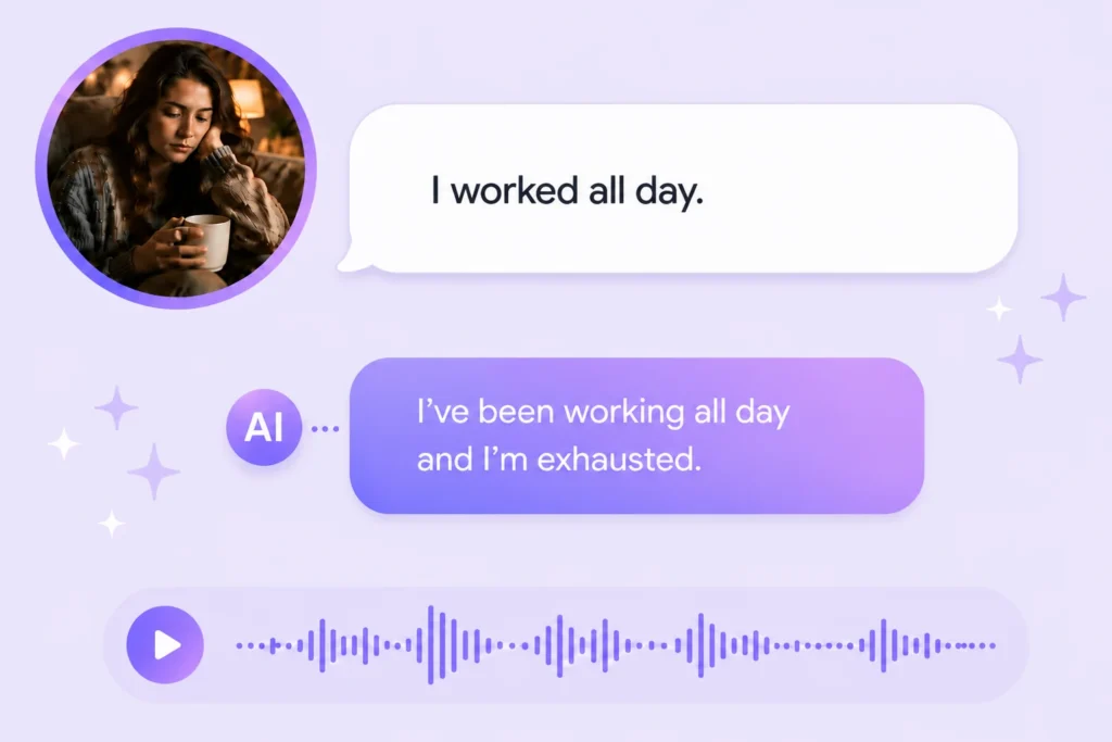 AI English speaking practice: daily conversation correction, "I worked all day" upgraded to natural spoken English
