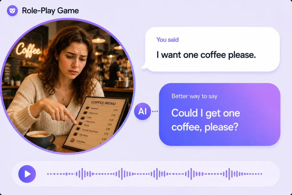 Role-play English speaking practice with AI: real-life scenarios with instant natural corrections