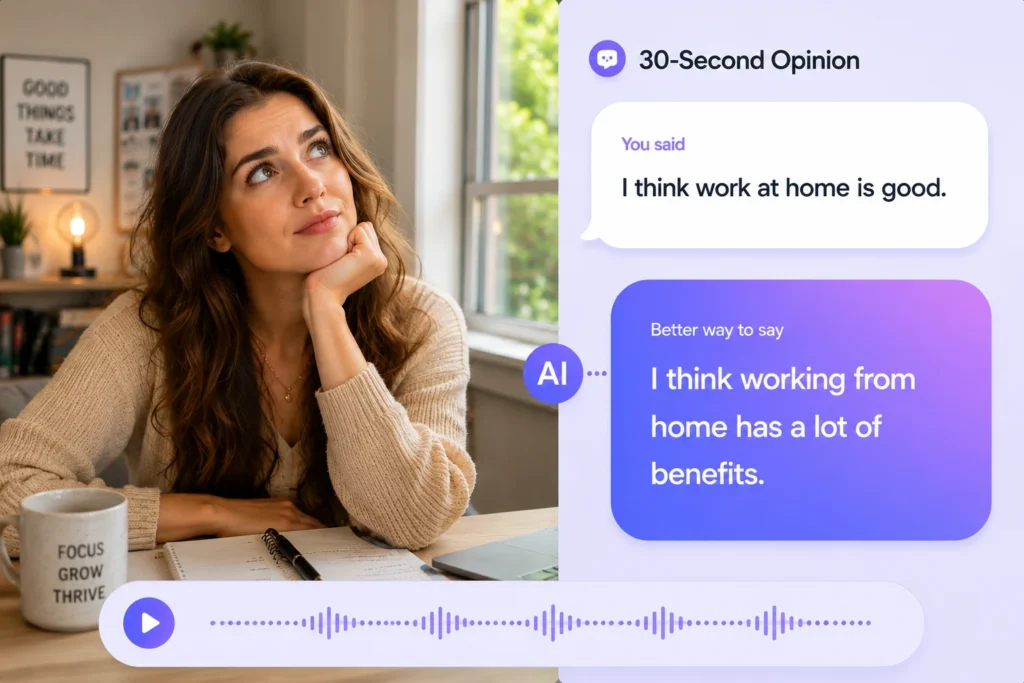 AI speaking practice for expressing opinions in English: 30-second fluency and confidence challenge