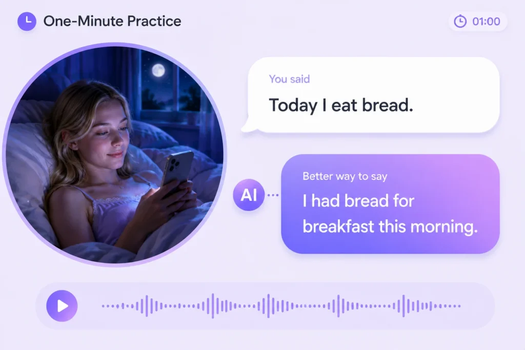 AI English speaking practice for beginners: one-minute session correcting everyday sentences to natural spoken English