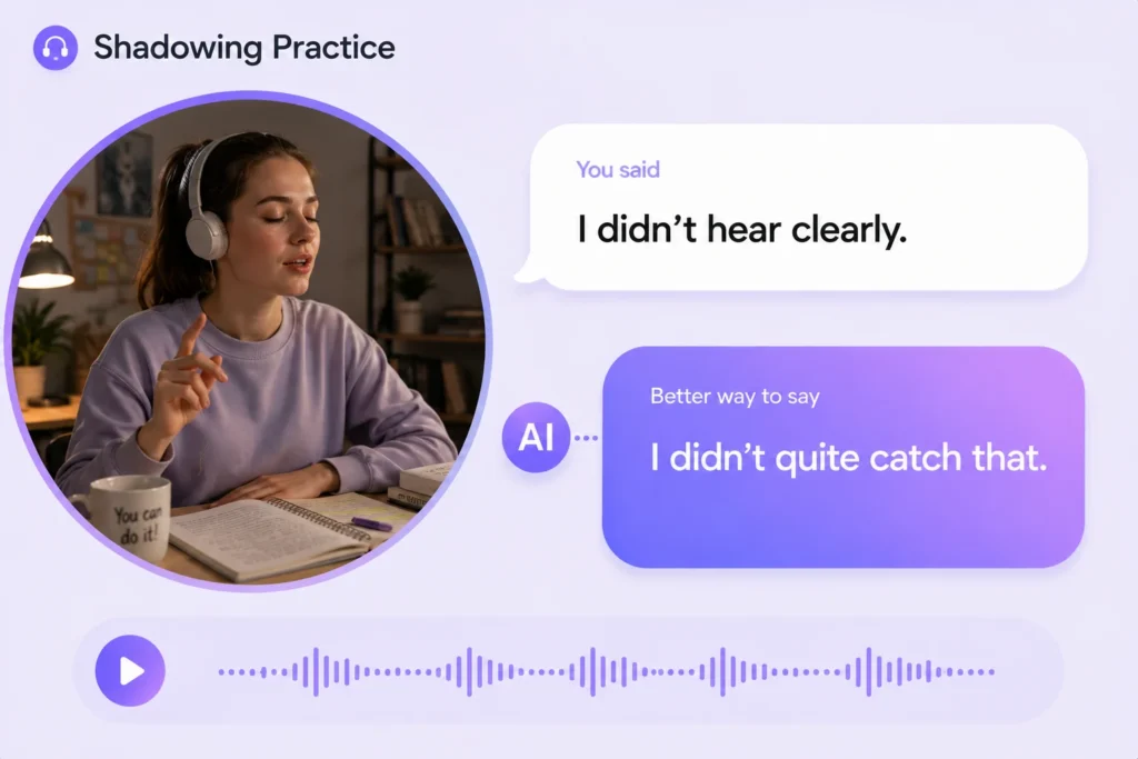 AI shadowing practice to improve English speaking rhythm and fluency