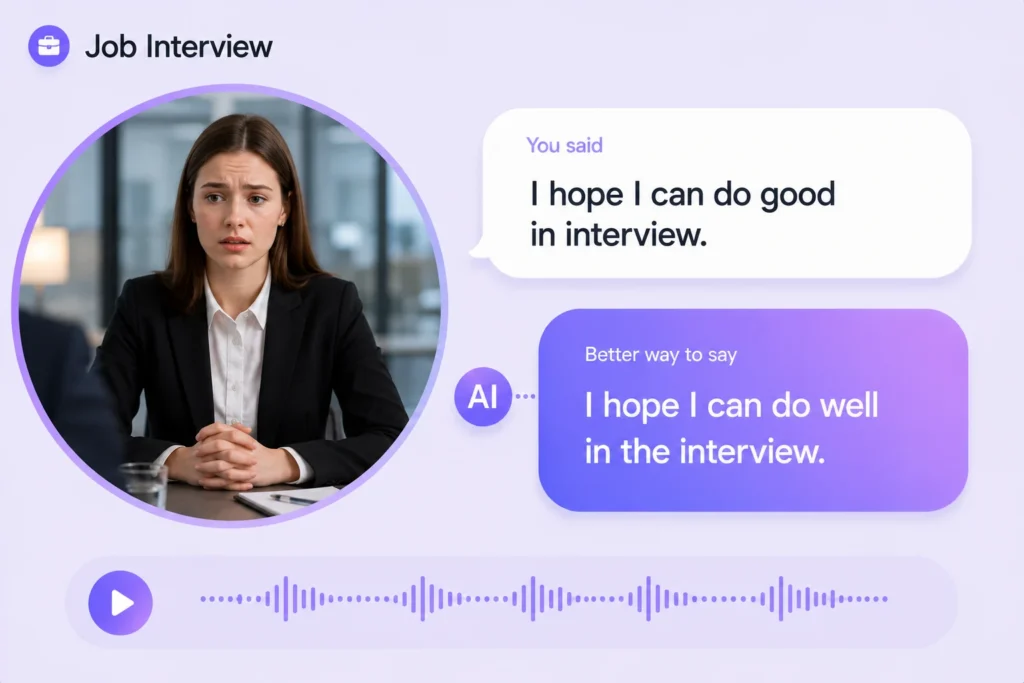 English speaking practice for job interviews with AI: real scenario corrections and professional phrasing
