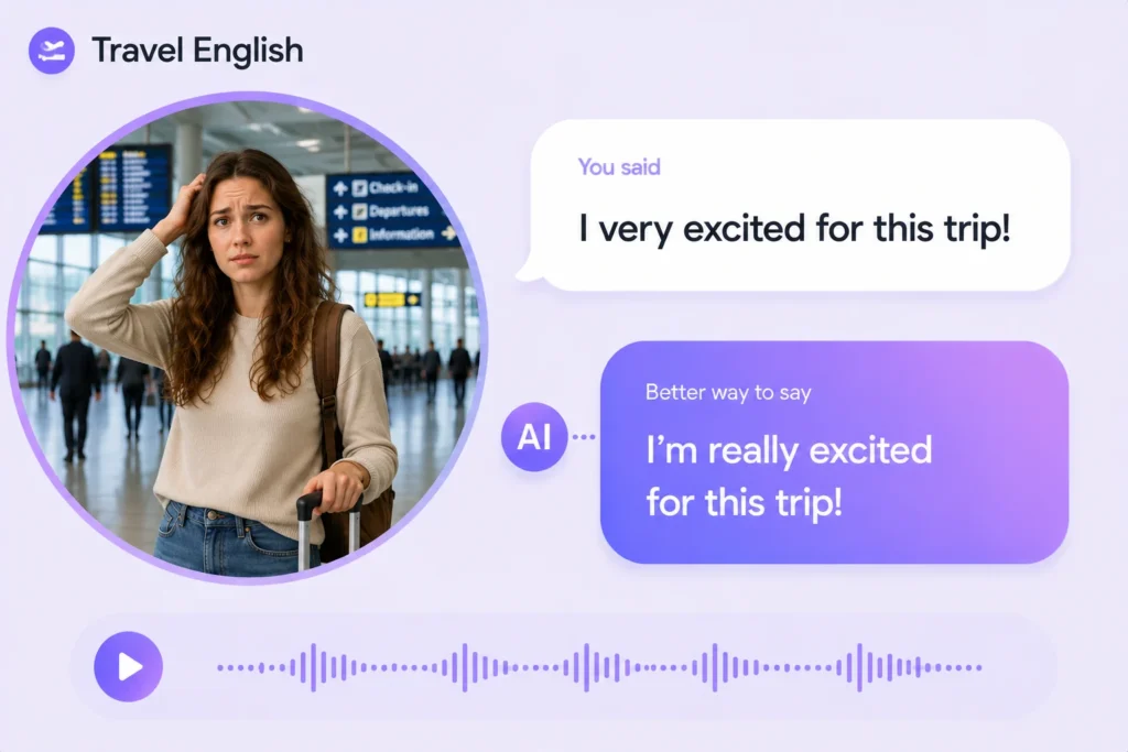 Travel English speaking practice with AI: real-life corrections for confident communication abroad