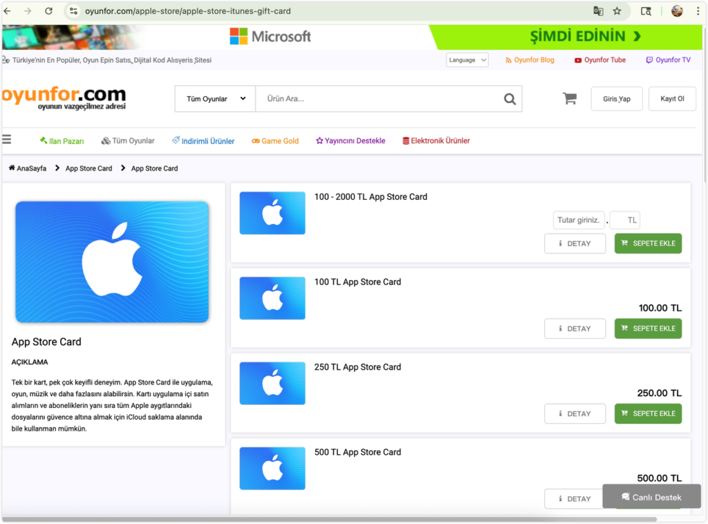 select the 500 tl app store card, add to cart, and complete checkout.
