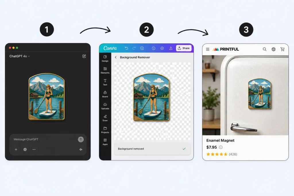 Three-step AI fridge magnet workflow: ChatGPT generation, Canva background remover, and Printful printing