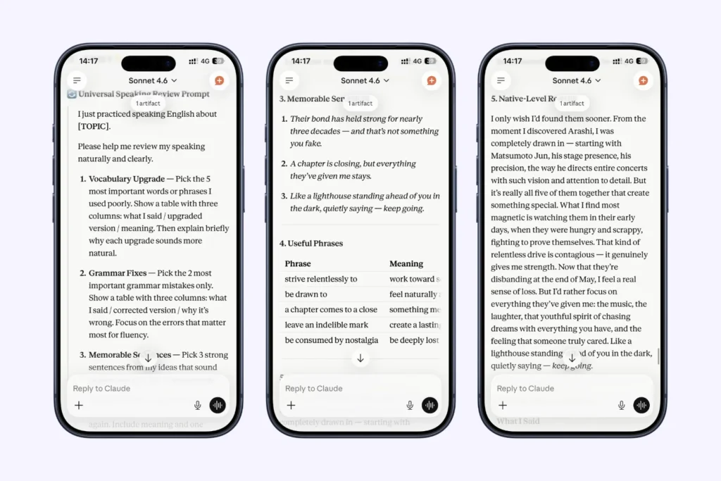 Three iPhone mockups showing a Claude Sonnet 4.6 English speaking review prompt and native-level output examples about J-pop group Arashi and member Matsumoto Jun.