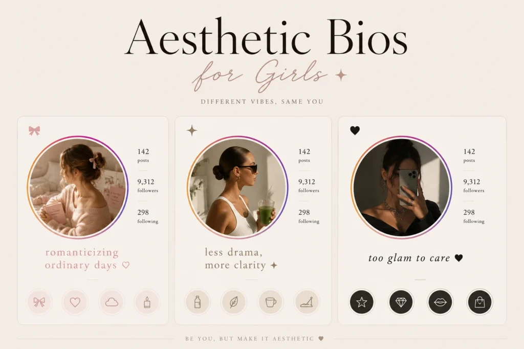 Aesthetic Instagram bio ideas for girls with soft girl, clean girl, and baddie profile inspiration in minimalist feminine Instagram layouts