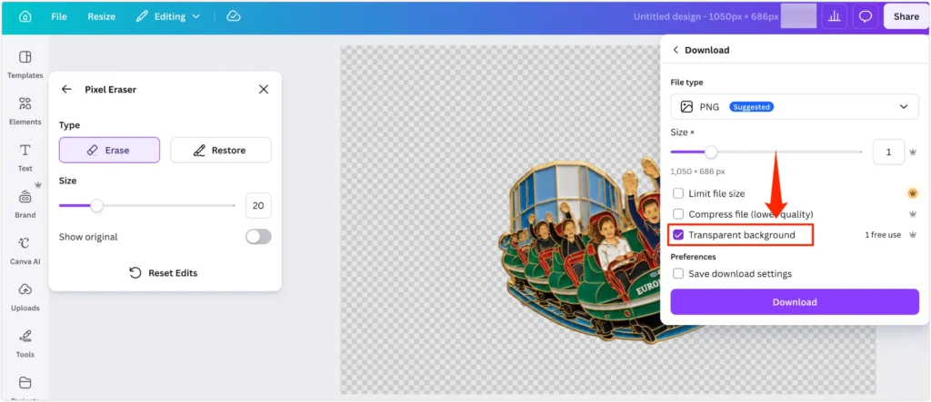 Using Canva to remove the background from an AI fridge magnet PNG with transparent background export enabled