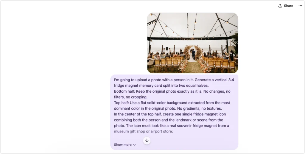 ChatGPT fridge magnet prompt example with wedding photo upload and generated result
