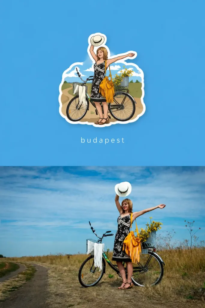 Sticker-style AI fridge magnet created from a Budapest travel photo with a bicycle and blue sky background