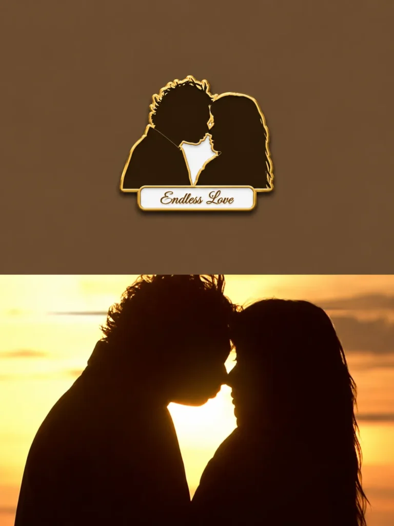 Sunset kiss scene from the Japanese drama Boys Over Flowers transformed into a hard enamel AI fridge magnet