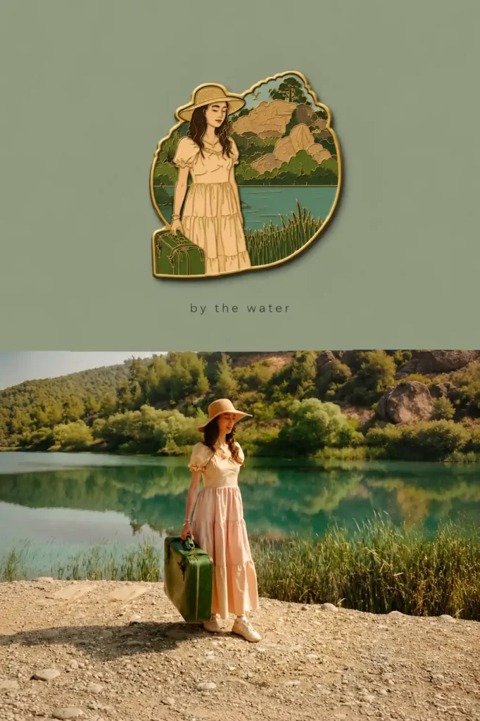 Travel photo of a woman by a lake turned into a vintage-style AI fridge magnet illustration