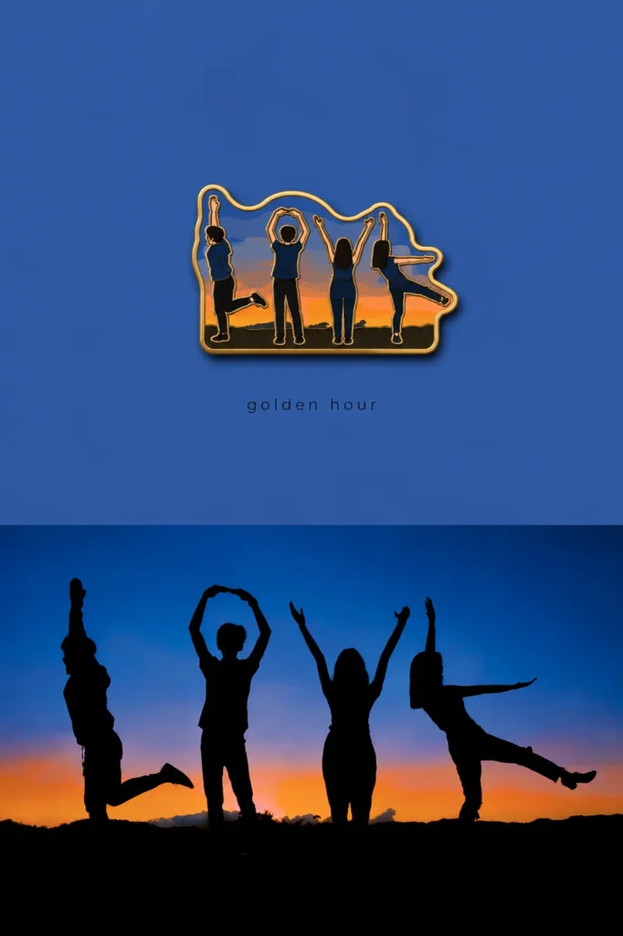 Sunset silhouette group photo transformed into a hard enamel AI fridge magnet with gold metal outline