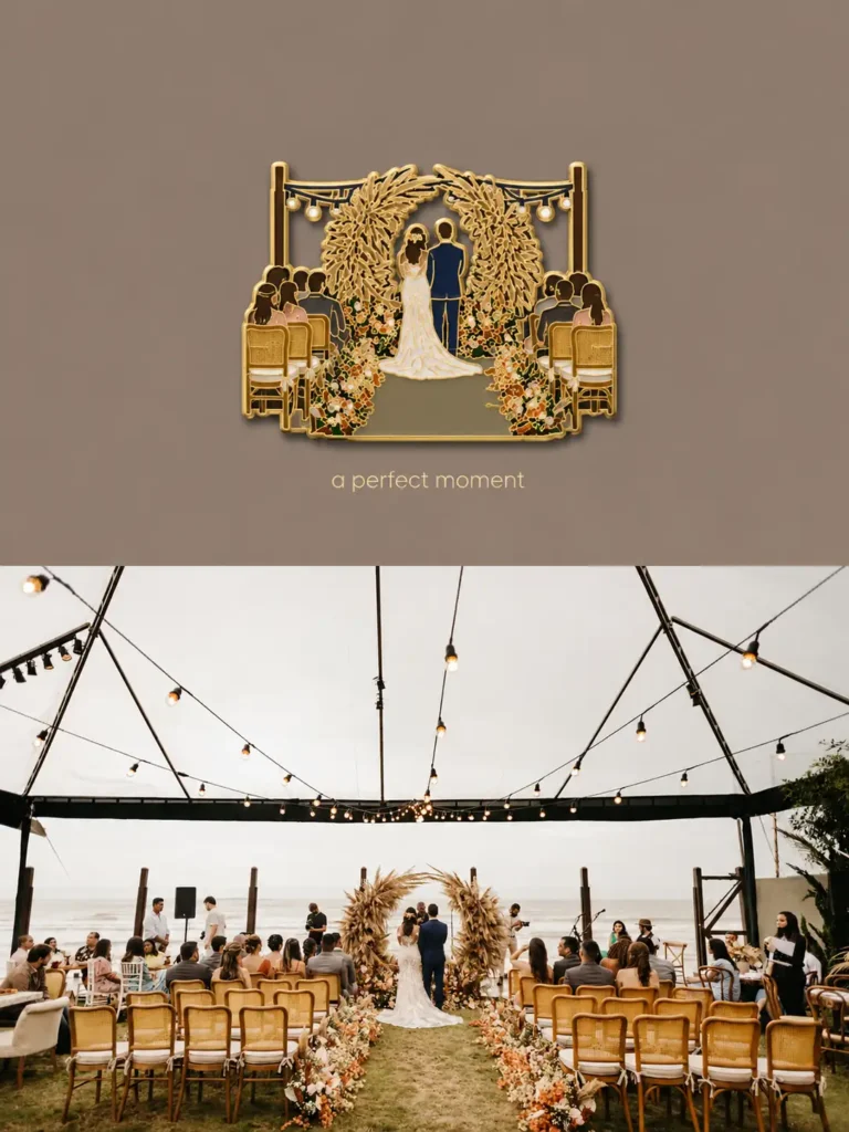 enamel pin style wedding ceremony fridge magnet icon above a beach wedding aisle photo, gold metal outline cloisonné design with floral arch, bride and groom silhouette, warm taupe background, elegant “a perfect moment” label, vertical 3:4 memory card layout, romantic outdoor wedding aesthetic
