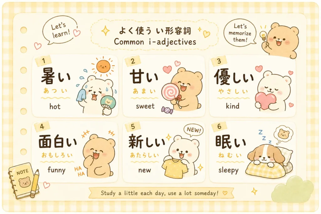 Common Japanese i adjectives list with 暑い, 甘い, 優しい, 面白い, 新しい, and 眠い