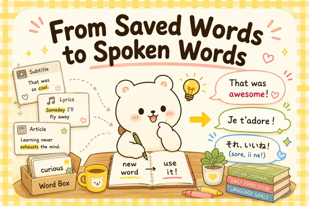 1341f848-5765-4384-ba7b-06c1fe3add41 A cute bear illustration showing how to go from saved words to spoken words using subtitles, lyrics, and articles โ a visual guide to the best ways to learn vocabulary that actually stick