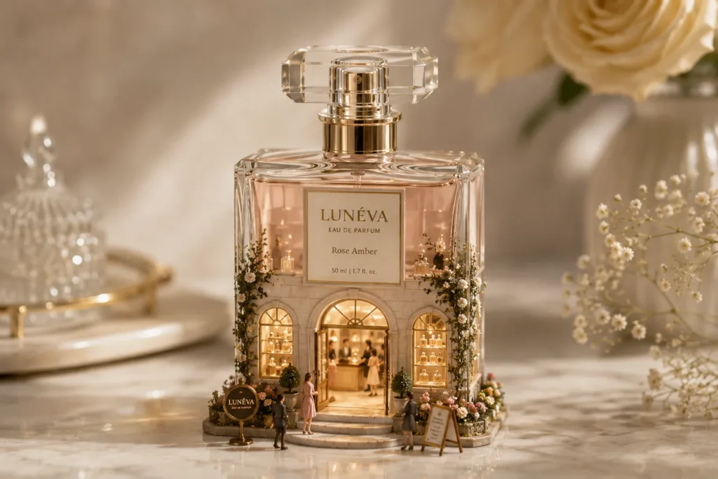 AI miniature photo of a perfume bottle turned into a tiny luxury boutique with warm lights, glass reflections, flowers, and tiny people