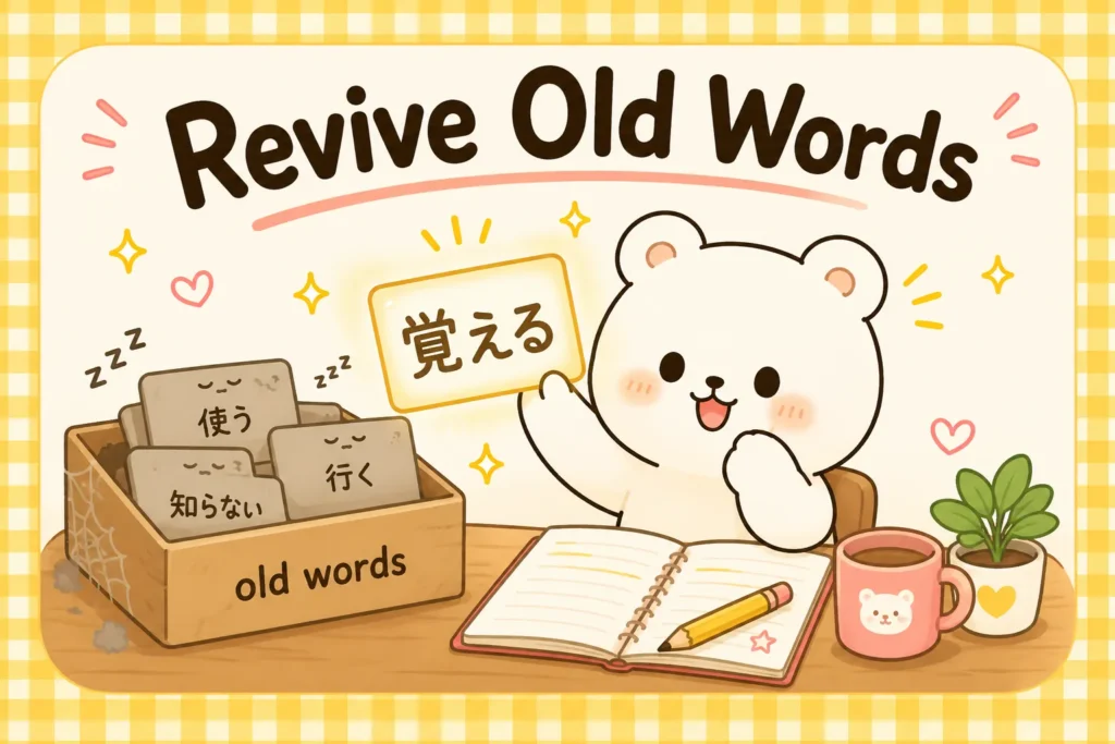 242115fb-5e54-44cc-b058-d677bd9c8a34 A kawaii bear reviving forgotten flashcards from a dusty word box, representing spaced repetition as one of the best ways to learn vocabulary and stop words from going to waste