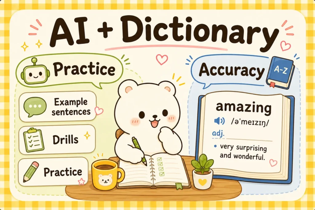 2760aaa2-b111-42f1-85b9-50f0b681d867 A kawaii illustration comparing AI practice tools with dictionary-based accuracy, showing example sentences and drills โ one of the best ways to learn vocabulary with both depth and real-world usage