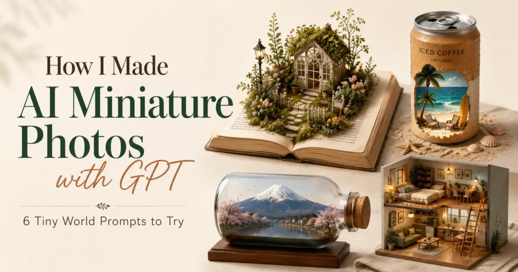 Hero image for a guide on how to make AI miniature photos with tiny world prompt examples